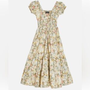 DANIELLE BERNSTEIN Floral Puff-Sleeve Midi Dress in Cream, Pink & Green